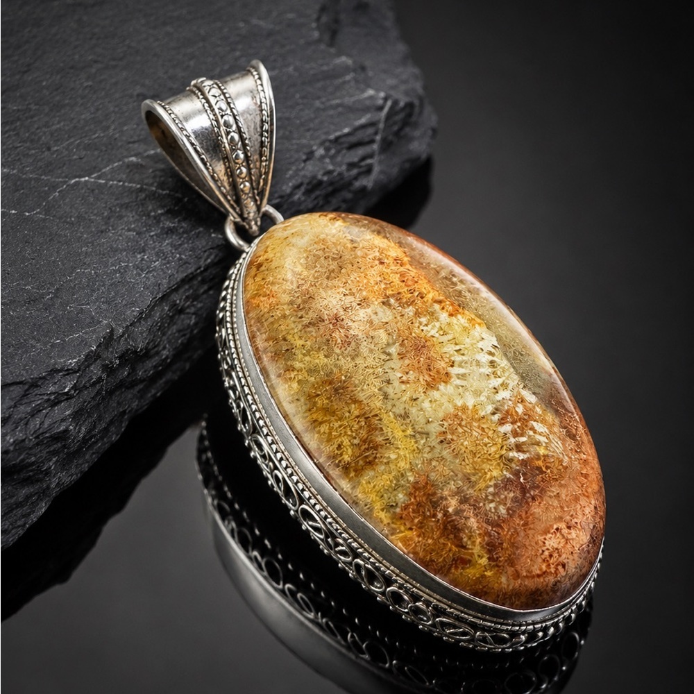 Artisan Silver Fossil AGATIZED CORAL Pendant in Brown and Gold Tones handcrafted
